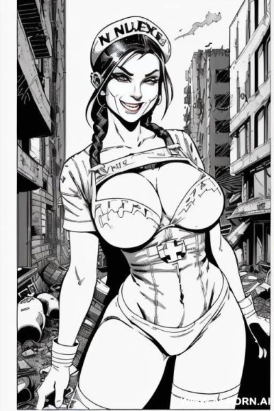 ((((image comic-drawing cartoon style)))) down level shot boobs in closedup ((((apocalyptic city land scape)))) ((((killer nurse)))) ((((laughter)))) ((((seductive gaze)))) pretty italian woman full lips - ai-porn.ai - Italy on pornintellect.com