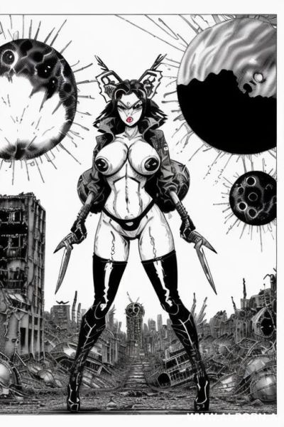 ((((image comic-drawing cartoon style)))) ((((huge eyes)))) ((((huge tits)))) ((((very vixen)))) ((((apocalyptic city)))) , ((((atomic bomb explosions landscape)))) , horizont looking ,standing sexy pose , - ai-porn.ai on pornintellect.com