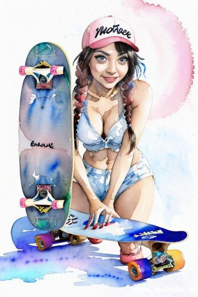 ((((skate board)))) ((((image comic-drawing watercolor style)))) (((( gaze)))) pretty japanese woman full lips smile bending over lying on , shorts fitted low-rise panties, ((((huge eyes)))), muscle fit - ai-porn.ai - Japan on pornintellect.com