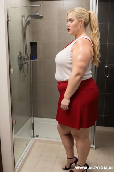 Very hairy pussy, bulky, large shoulders, side view, white top, red dress, white top, red dress - ai-porn.ai on pornintellect.com