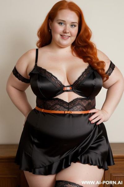 Half body photo shot close up. a ((british obese fat bbw redhead)), ((thick with love handless)). ((wearing a black and orange sexy and hot garter bride party belt lingerie, and a dark-lace ruffle silk micro-skirt)). she is smiling - ai-porn.ai - Britain on pornintellect.com
