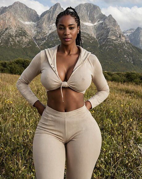 Athletic black girl removes her clothes while out in a field by the mountains - pornpics.com on pornintellect.com