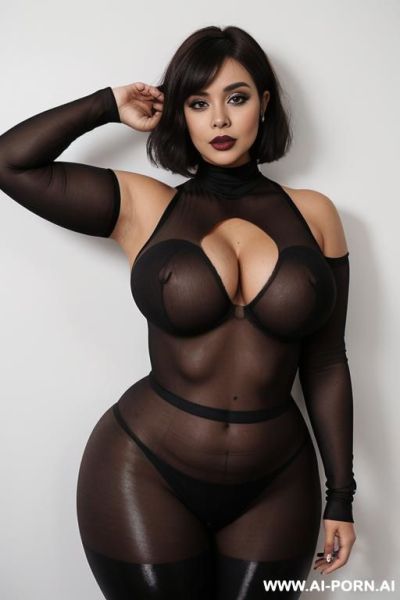 E-woman, curvy body, black lipstick, large breasts, hourglass figure, wide hips, sheer turtleneck, leggings, choker, bob cut, curvy, body, - ai-porn.ai on pornintellect.com
