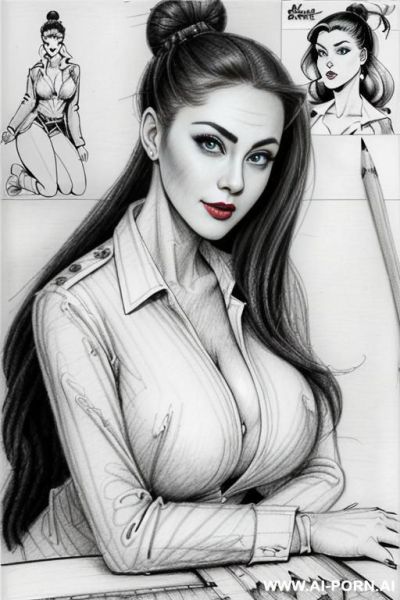 ((((in two panels))) ((((each panel a different pose sexy)))) ((((image comic-drawing pencil style)))) down level shot boobs in closedup ((((landscape office)))) ((((office woman)))) ((((siting on descktop - ai-porn.ai - Italy on pornintellect.com