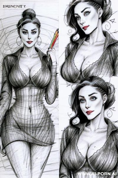 ((((in two panels))) ((((each panel a different pose sexy)))) ((((image comic-drawing pencil style)))) down level shot boobs in closedup ((((landscape office)))) ((((office woman)))) ((((seductive gaze)))) - ai-porn.ai - Italy on pornintellect.com