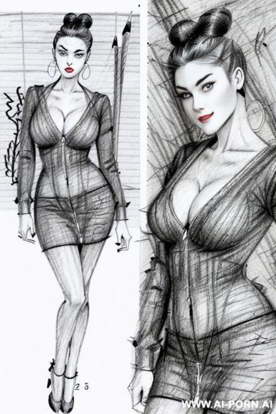 ((((in two panels))) ((((each panel a different pose sexy)))) ((((image comic-drawing pencil style)))) down level shot boobs in closedup ((((landscape office)))) ((((talking office woman)))) ((((seductive - ai-porn.ai - Italy on pornintellect.com