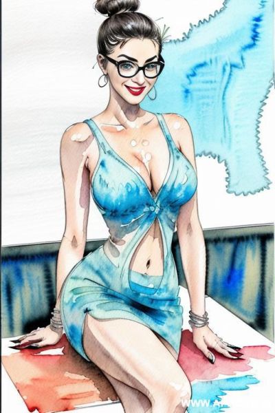 ((((mediun full body shot)))) ((((image comic-drawing water color style)))) up level shot boobs in close up ((((landscape office)))) ((((office woman)))) ((((siting on table)))) ((((showing crossed - ai-porn.ai - Italy on pornintellect.com