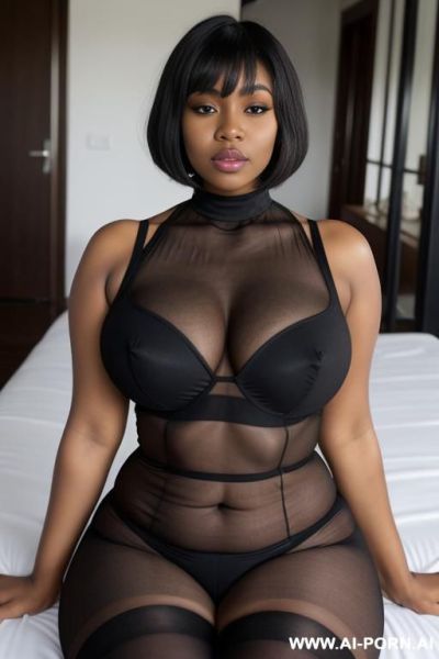 E-woman, curvy body, black lipstick, large breasts, hourglass figure, wide hips, sheer turtleneck, leggings, choker, bob cut, thicc body, - ai-porn.ai on pornintellect.com