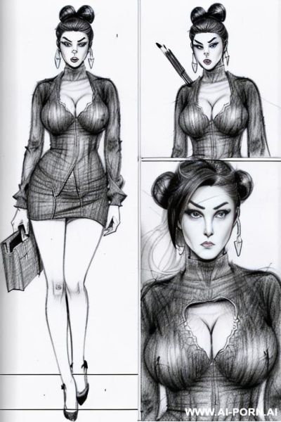 ((((in two panels))) ((((each panel a different pose sexy)))) ((((image comic-drawing pencil style)))) down level shot boobs in closedup ((((landscape office)))) ((((angry office woman)))) ((((seductive - ai-porn.ai - Italy on pornintellect.com