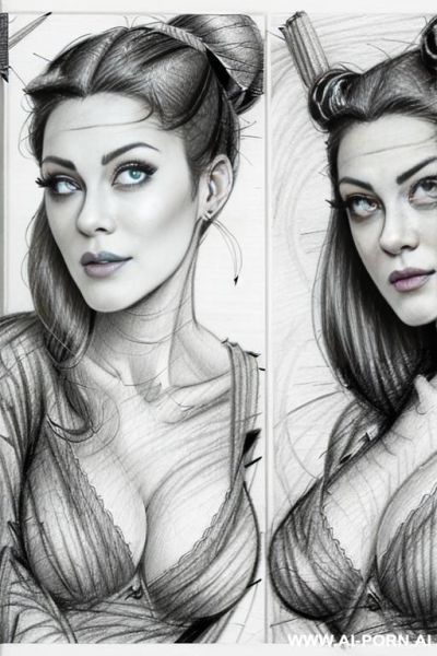 ((((in two panels))) ((((each panel a different pose sexy)))) ((((image comic-drawing pencil style)))) down level shot boobs in closedup ((((landscape office)))) (((( office woman)))) ((((seductive - ai-porn.ai - Italy on pornintellect.com