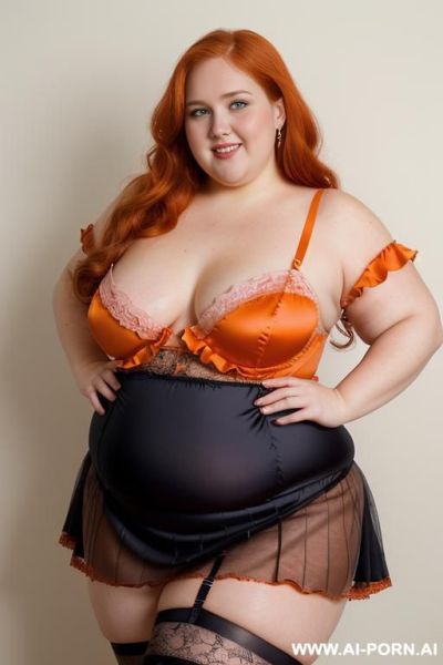 Half body photo shot close up. a ((british obese fat bbw redhead)), ((thick with love handless)). ((wearing a orange and pink sexy and hot garter bride latex lingerie, and a dark-lace ruffle silk micro-skirt)). she is smiling - ai-porn.ai - Britain on pornintellect.com
