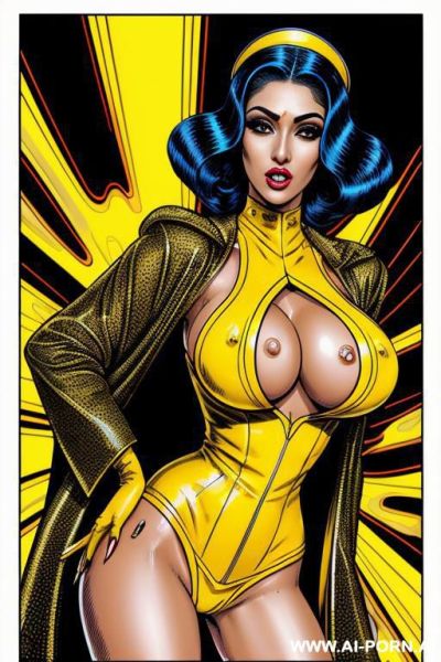 Image comic-drawing vintage style, sci-fi, atompunk, slender arab body in the sci-fi city, sci-fi yellow jacket, sci-fi cap, in white background, image comic-drawing vintage style - ai-porn.ai on pornintellect.com