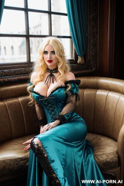 Blonde beautiful big blue eyes big lips makeup long wavy thick fluffy hairs steampunk fantasy style in cleavage busty long dress satin azure bright blue long dress lowered fancy sleeves laced - ai-porn.ai on pornintellect.com