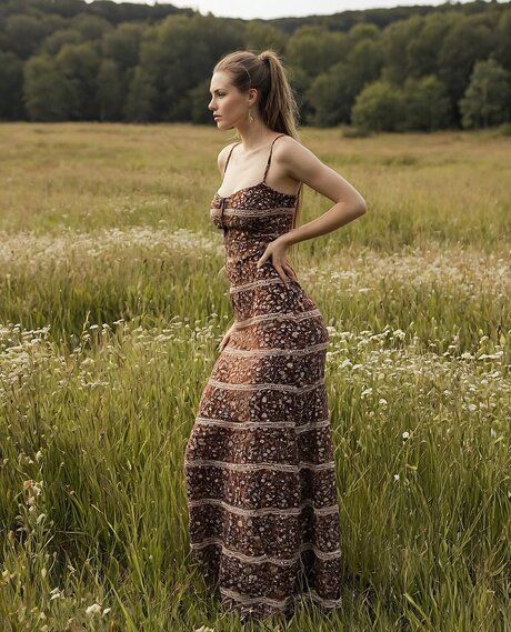 Solo girl removes her dress and lingerie to go nude in a field of wildflowers - pornpics.com on pornintellect.com