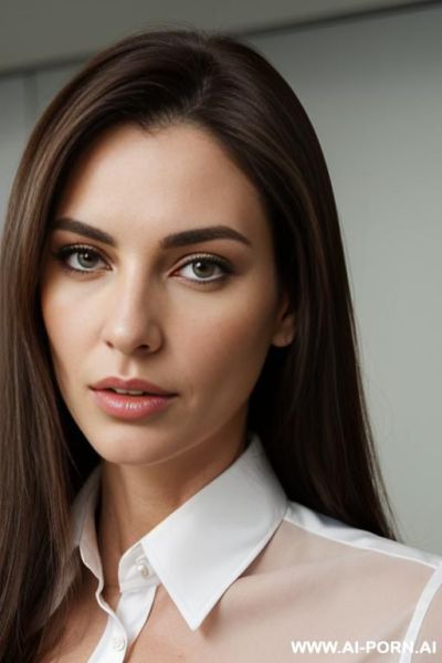((milfy body)), ((office shirt)), pencil skirt, straight brunette hair, ((pretty model face)), ((extreme close shot)) - ai-porn.ai on pornintellect.com