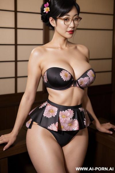 Sexy asian milf, at stone sauna, ((flower print strapless bra and thong and peplum)), hourglass figure, slender waist, thigh gap, bubble butt, keep face, keep hair, glasses, ((huge ass)) - ai-porn.ai on pornintellect.com