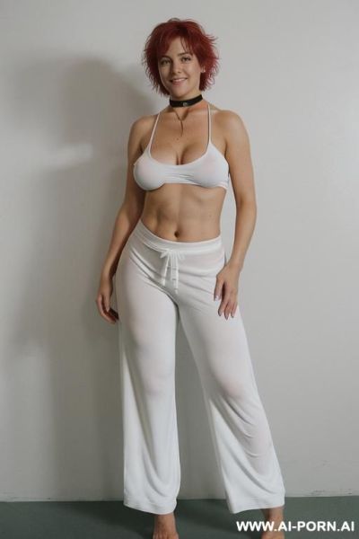 ((topless)), ((natural plump breasts), (pretty face), (wide hips), (soft seductive smile), (baggy pants), (choker) - ai-porn.ai on pornintellect.com